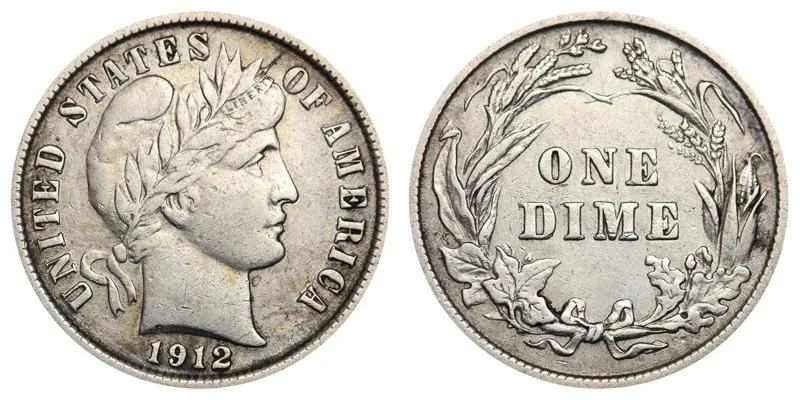 1912 Barber dime obverse and reverse showing Liberty's portrait and value chart detail