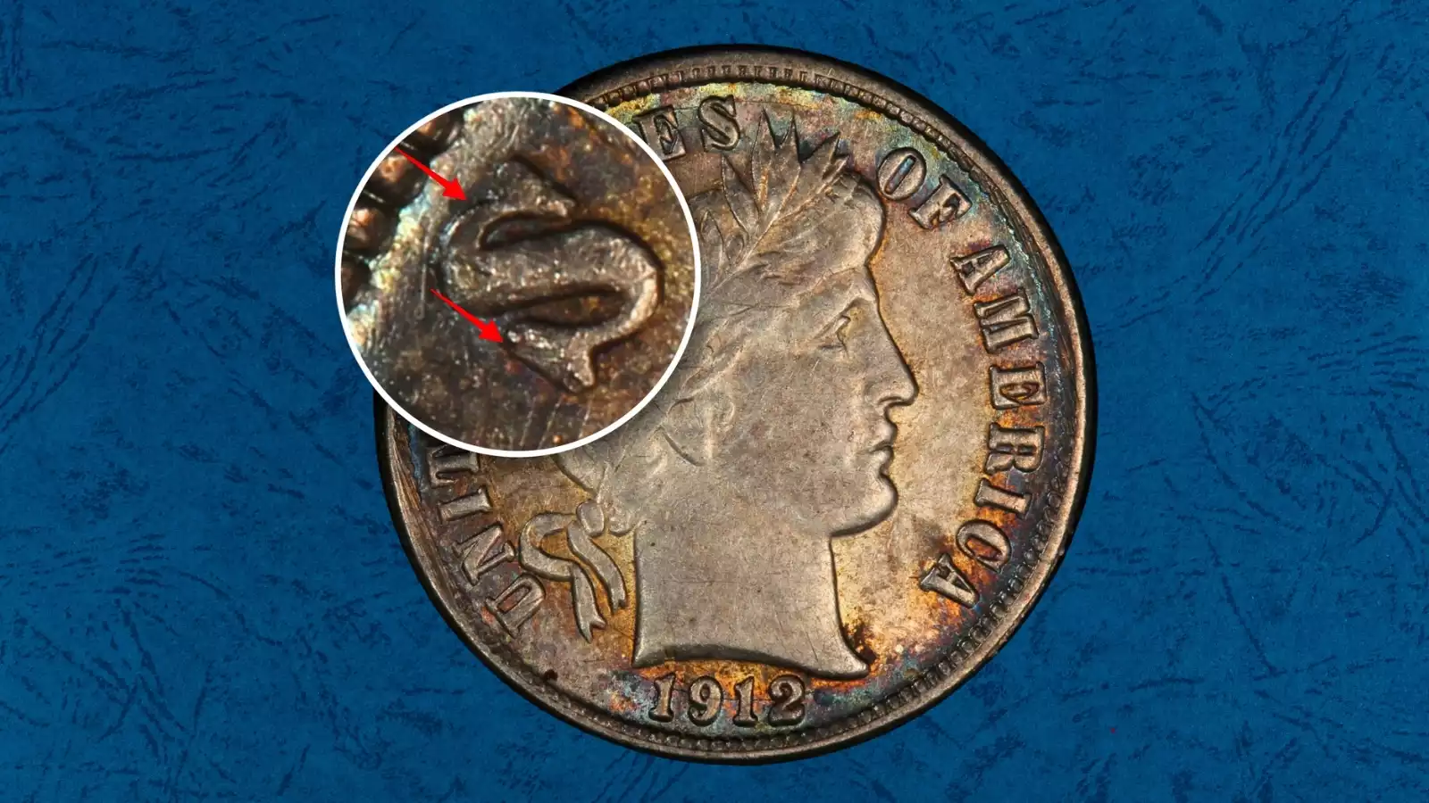 Side-by-side comparison of normal 1912-S Barber dime versus 1912-S Doubled Die Obverse (DDO FS-101), showing doubling on Liberty's portrait