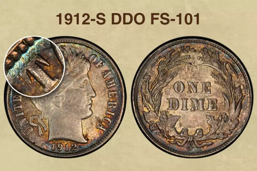1912-S Doubled Die Obverse (DDO FS-101) showing doubling on LIBERTY headband under magnification