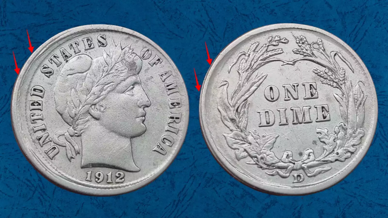 1912 Barber dime off-center strike error showing shifted design and blank planchet crescent
