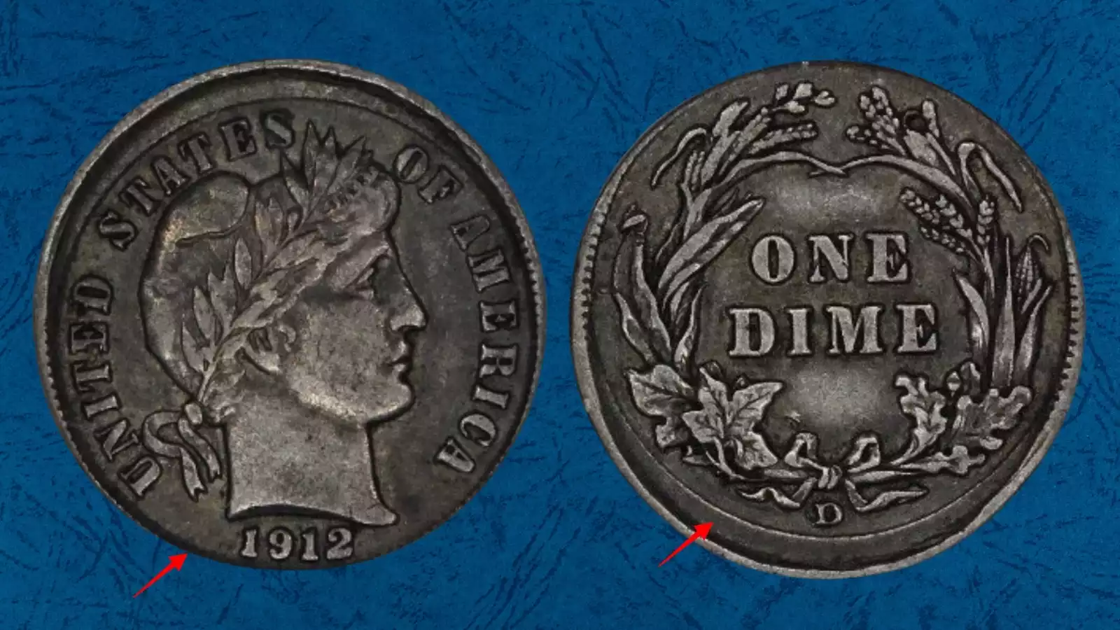 1912 Barber dime broadstrike error showing expanded diameter and weakened rim compared to normal strike