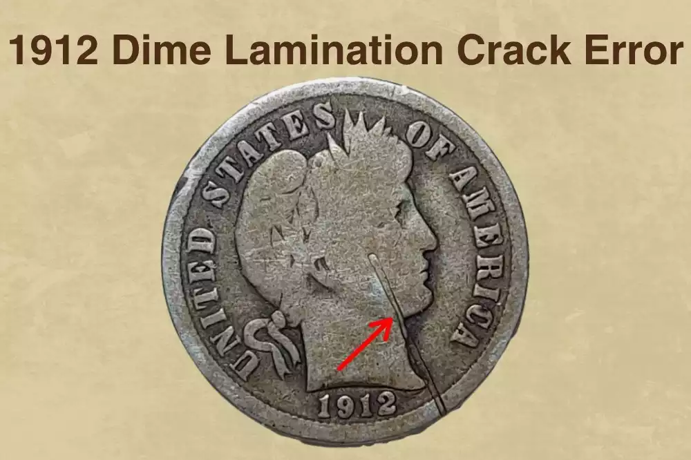 1912 Barber dime lamination error showing a silver surface flap or peel caused by a planchet defect