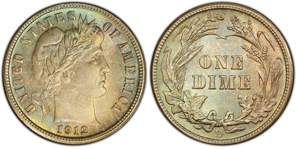 1912 Barber dime grading strip showing four condition tiers: Good, Very Fine, About Uncirculated, and Mint State